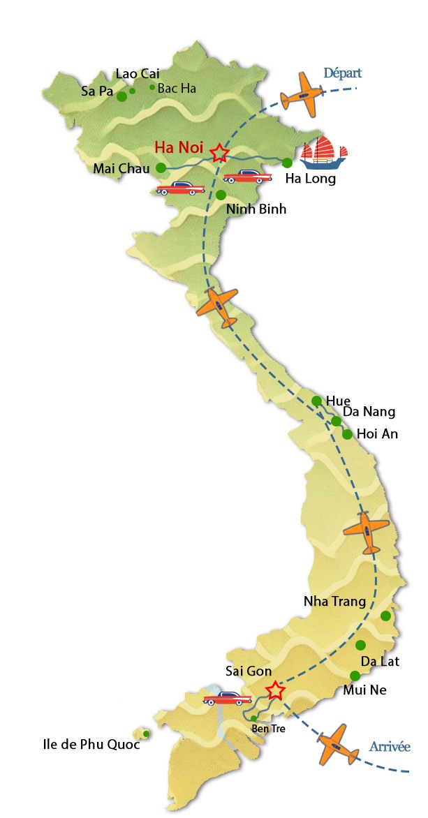 Carte du circuit gastronomique culinaire au Vietnam du sud au nord avec passage aux villages des thais blancs &agrave; Mai Chau Voyage organis&eacute; par l'agence locale Tonkin Voyage
